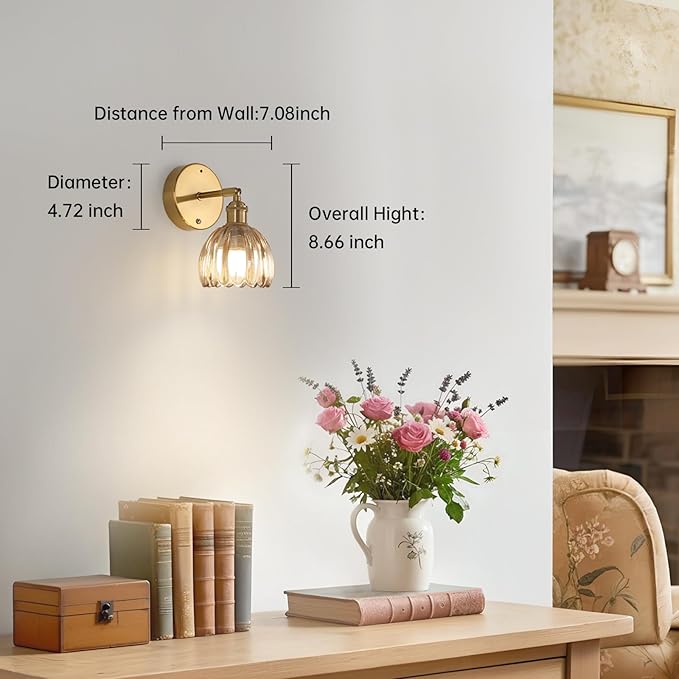 Battery Operated Vintage Wall Sconces with Amber Tulip Glass Lampshade Battery Powered Wall Lighting for Bedside Bedroom Doorway, Set of 2