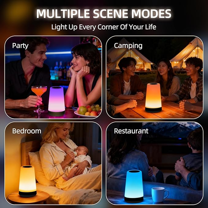 Night Light, Dimmable Touch Lamp and Remote Control, 13 RGB Colors & 5 Brightness, Rechargeable Bedside Table Lamp for Baby Kids Nursery Bedroom Bathroom Camping (Black)
