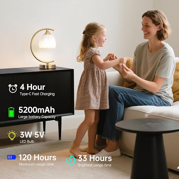 Rechargeable Table Lamp with 5200mAh Battery & Touch Control - 3 Adjustable Color Temperature Bulb, Dimmable Table Light for Bedroom, Office Desk, Nightstand, Home Decor(White, 1 Pack)