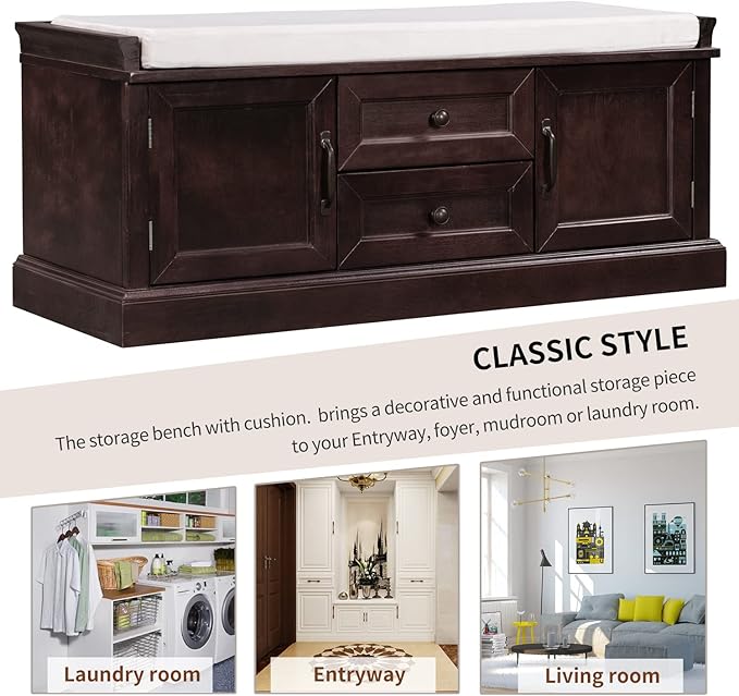 Merax Classic Wood Entryway Bench with Drawers and Seat Cushion for Hallway Front Door Espresso