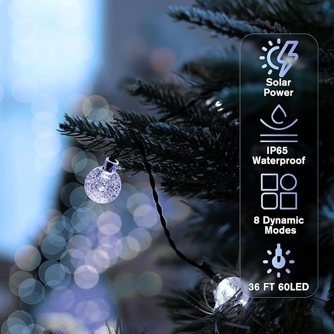 Metaku Solar String Lights for Outside, 36FT 60 LED Crystal Globe String Lights, Solar Powered Outdoor Lights with 8 Lighting Modes, Patio Hanging Lights for Garden, Camping and Party Décor Cool White