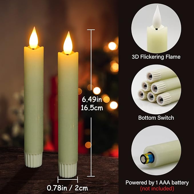 Punasi Flameless LED Taper Candles, 6pcs Battery Operated 6.5" Ivory Flickering Candlesticks with Remote Timer, Real Wax Warm White Candle Light for Room Home Halloween Christmas Decor