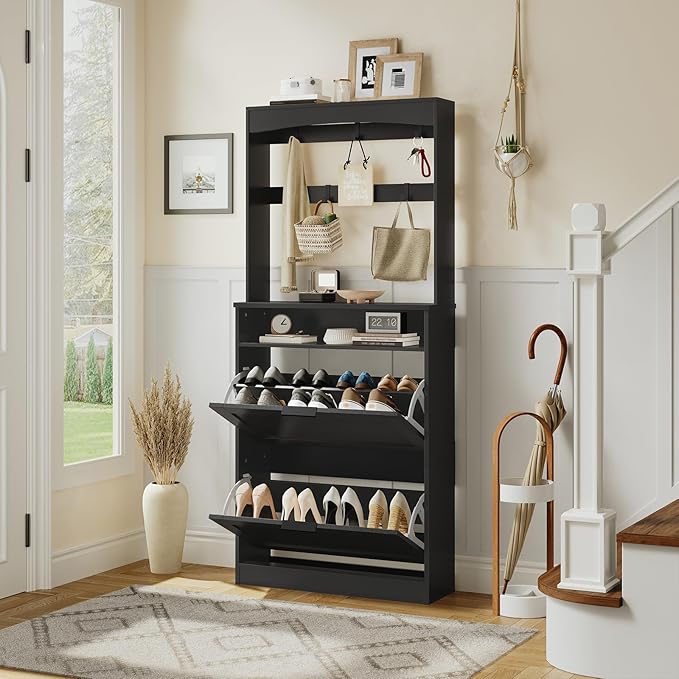 Tall Shoe Cabinet with Flip Drawers and Coat Rack, Floor Standing Modern Shoe Storage Organizer, 2-in-1 Hall Tree with Movable Hooks and Open Shelves, for Entryway, Black SC01BKY1