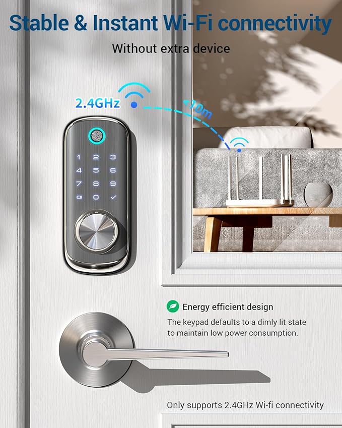 WiFi Smart Door Lock - TEEHO Fingerprint Keyless Entry Lock for Front Door - Built in Wi-Fi Smart Deadbolt - APP Remote Control - IP65 Weatherproof - ANSI Grade 2 - Bright Nickel