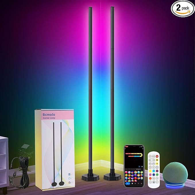 Corner Floor Lamp Set of 2, RGB LED Corner Lamp with Music Sync, Smart App and Remote Control Color Changing Ambience Light, 16 Million DIY Colors Timer Setting for Bedroom, Living Room