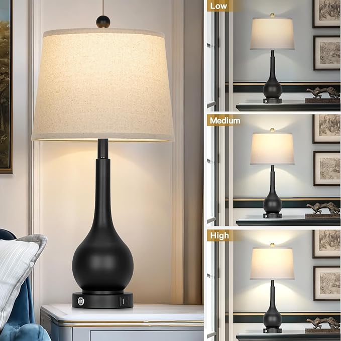 26" Black Table Lamp for Living Room Single, Touch Control Bedroom Lamps for Nightstand, 3-Way Dimmable Bedside Lamp with USB A+C Port (1 Pack)