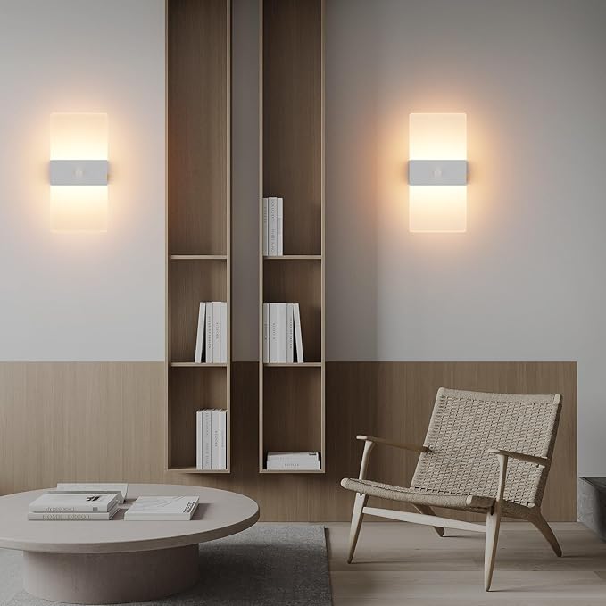2 Pack Motion Sensor Wall Lights, Morden Silver Decorative LED Indoor Night Light, 3000K Warm Light Battery Operated Wall Sconces for Porch Bedroom Living Room Hallway(Silver)