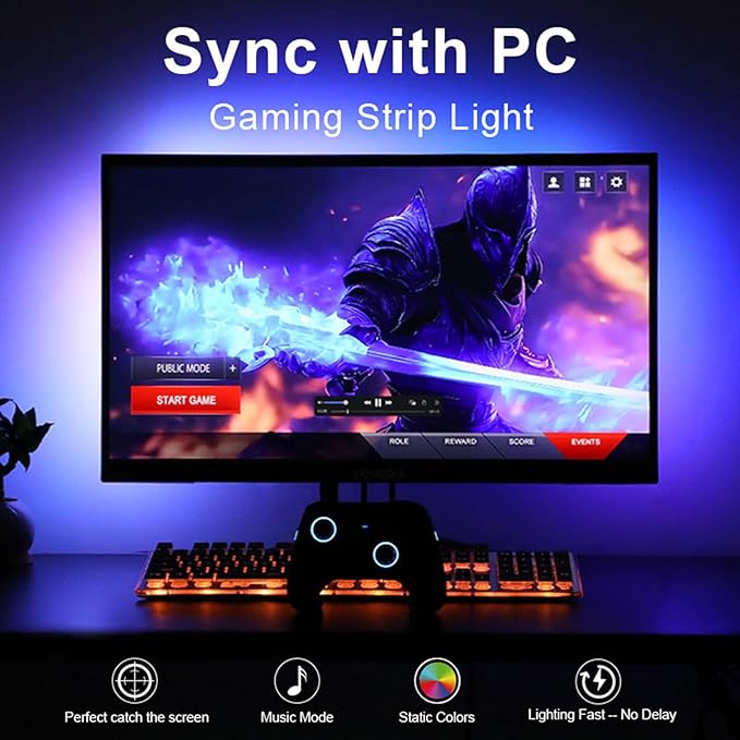 Gaming Lighting Sync PC Backlight 16 Million Color USB Powered RGB IC LED PC Backlight Strip for Gaming Room Decor, Smart LED Lights for Monitors with Color (for 34" PC)