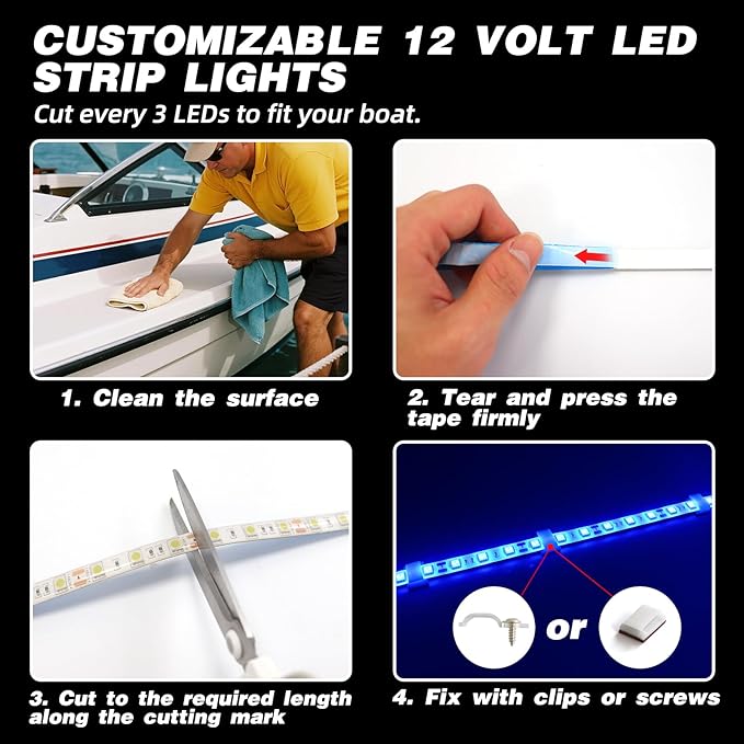 LED Boat Strip Lights, 12V 32.8FT Blue Light Strips, IP65 Waterproof Marine Lighting Kit for Pontoon, Yacht, RV, Outdoor