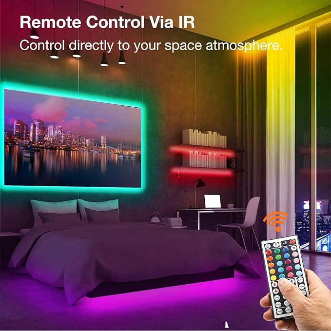 VOLIVO 50ft Led Strip Lights for Bedroom, Color Changing Led Light Strips Kit with Bluetooth App Control and IR Remote, RGB Music Sync Lighting for Room, Home Decor