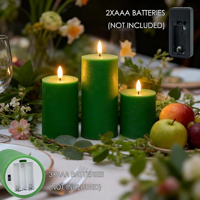 LUSHABOR Green Flameless Candles, Battery Operated Candles for St. Patrick’s Day, Real Wax LED Fake Candles for Spring Decor Party Centerpiece Green Set of 3