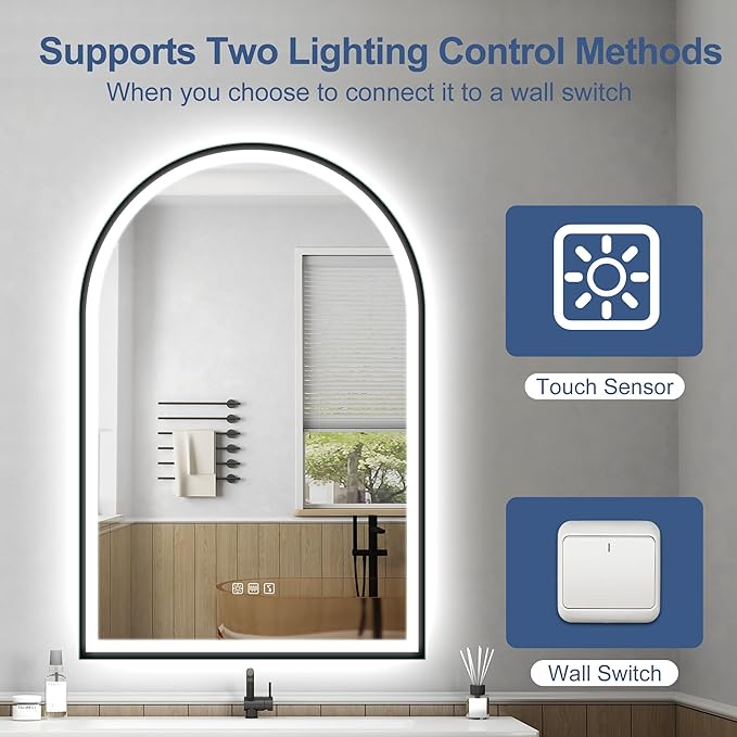 STARLEAD 36"x24" Black Frameless Arched LED Bathroom Mirror with Bluetooth Speaker, Dimmable Lighting, 3 Color Temperature, Anti-Fog, Touch Control Wall Mounted Vanity Mirror