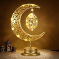 Lewondr Ramadan Moon Lamp, Crescent Moon with Ramadan Lantern, Battery Powered Gold Desk Lamp Decorations Crescent Table Light Bedside Night Stand Desktop Living Room Home Decor, Eid Mubarak Decor