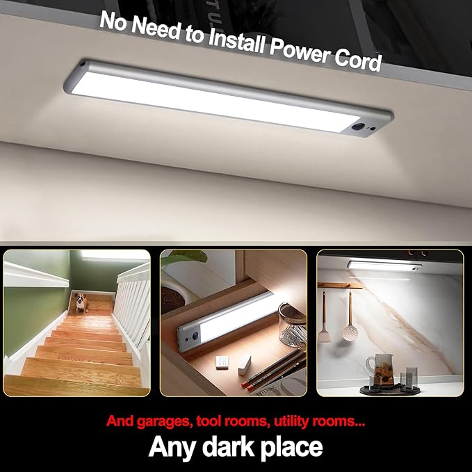 HL Under Cabinet Lights, 32 LED Rechargeable Battery Operated Motion Sensor Light Indoor Wireless, Magnetic with Remote Dimmable Under Counter Lights for Kitchen Stairs Hallway White 2Pack