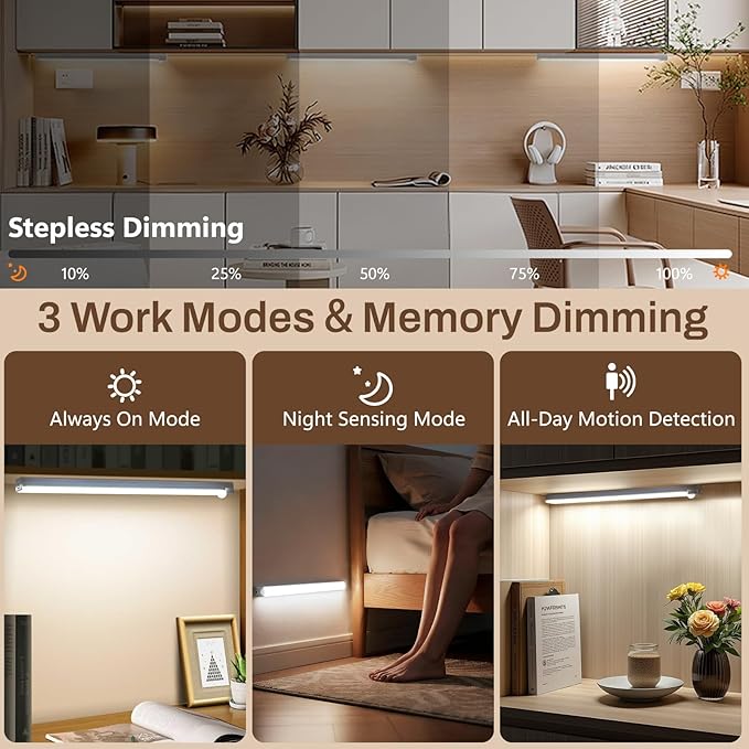Rechargeable Motion Sensor Light Indoor, 12” LED Under Cabinet Lighting with 3 Modes & Memory Dimming, Stick On Lights for Closet, Kitchen, Hallways (2 Pack)