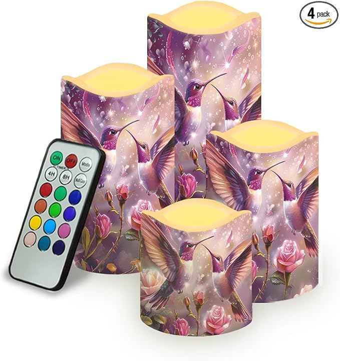 Purple Hummingbird Floral Plastic Flameless Candles with Remote Control and Timer LED Flickering Battery Electric Pillar Candles for Table Decoration