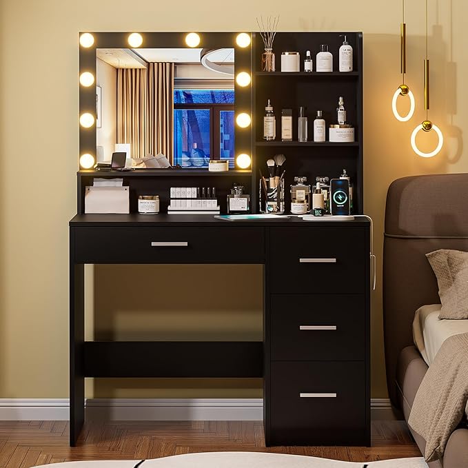 Vanity Desk with Lighted Mirror, Black Vanity with 4 Drawers,Makeup Vanity with Storage Shelves and Power Outlet,10 Lights with 3 Color Modes Brightness Adjustable for Girls’ Bedroom (Black)