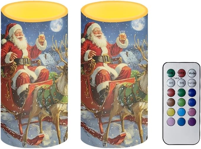 Flameless Candles with Remote Santa Claus Sled Electric Candles Flickering Battery Operated LED Candles Color Changing with Remote Timer for Christmas Party Room Table Decor Set of 2