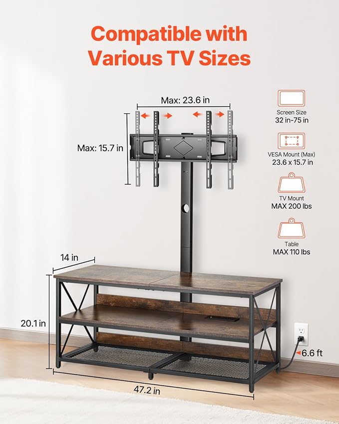 VEVOR 48" TV Stand with Mount for up to 75 in TVs, Entertainment Center with Power Outlet, Height Adjustable TV Console with Mount with 3 Tiers Open Storage Cabinets for Bedroom, Living Room, Browm