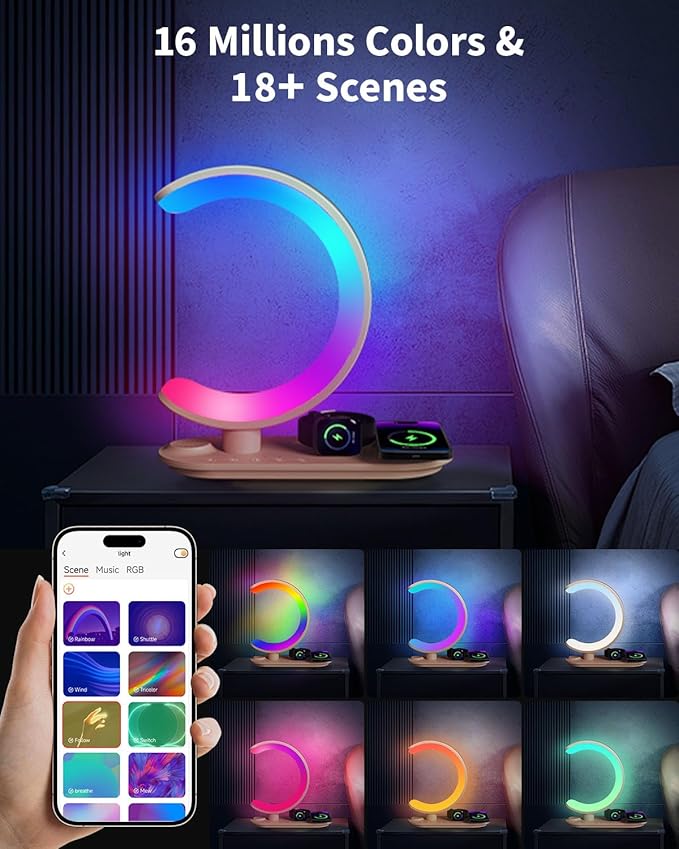 4 in 1 Bluetooth Speaker Night Light with Wireless Charger, Atmosphere Lamp with 24 Soothing Sounds, 16M+ Colors & App Control, Smart Light Sound Machine for Bedroom Home Decor (Golden)