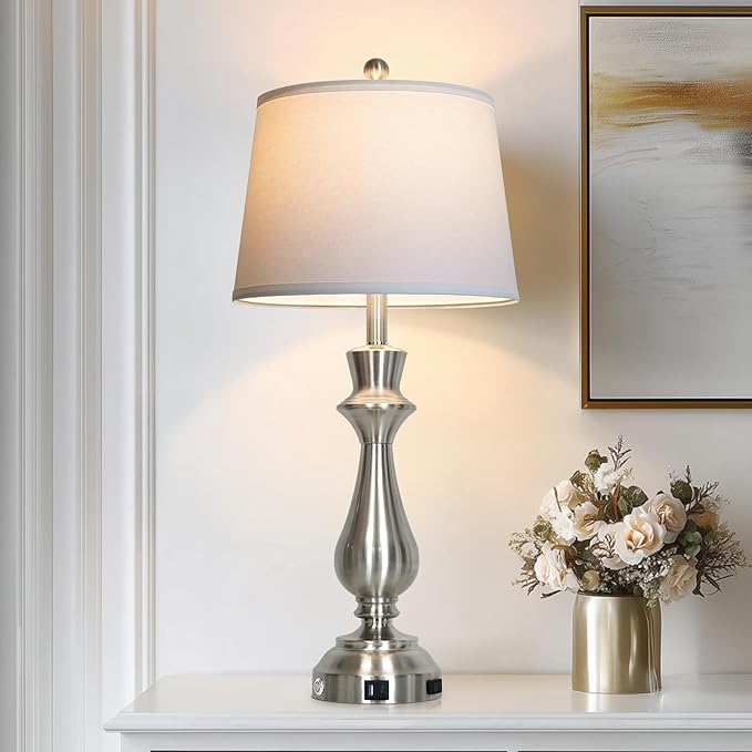 Silver Touch Lamps for Night Stand - 29.5" Tall Bedside Lamp with USB C+A, 3 Way Dimmable Bedroom Lamps, Brushed Nickel Table Lamps for Living Room,Single Silver