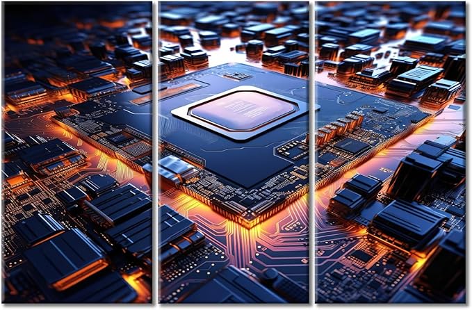 Microchip Canvas Wall Art, Paintings for Wall Decorations Motherboard Digital Chip Pictures Artwork Wall Art for Living Room 3 Pieces Art Prints Framed Ready to Hang (42"Wx28"H)