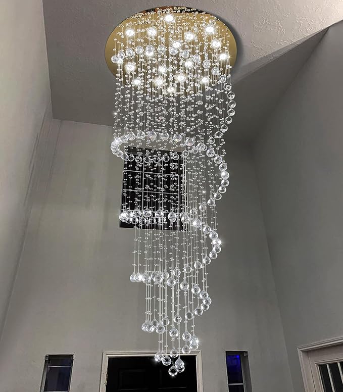 W40 x H118in Gold Chandelier with LED Bulbs Glam Crystal Light Hight Ceiling Lighting Fixtures for Living Staircase Foyer Entryway