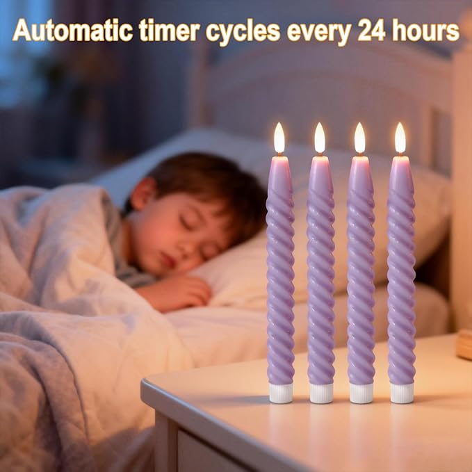 Easter Flameless Taper Candles Flickering with Remote Timer, Gentle Lavender Battery Operated Real Wax LED Spiral Candles for Home Wedding Spring Easter Decoration(0.78 X 9.8 Inchs)