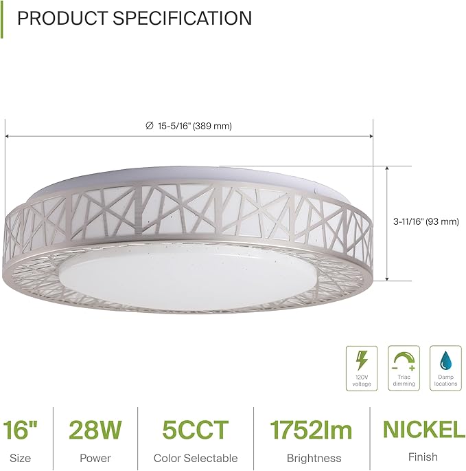 ASD 16 Inch LED Flush Mount Ceiling Light Fixture for Bedroom, 28W 1752LM 5CCT 2700K-5000K, Dimmable Lights, Dining, Living Room, Kitchen Lamps, Modern Home Lighting Fixtures, Nickel, ETL, 4 Pack