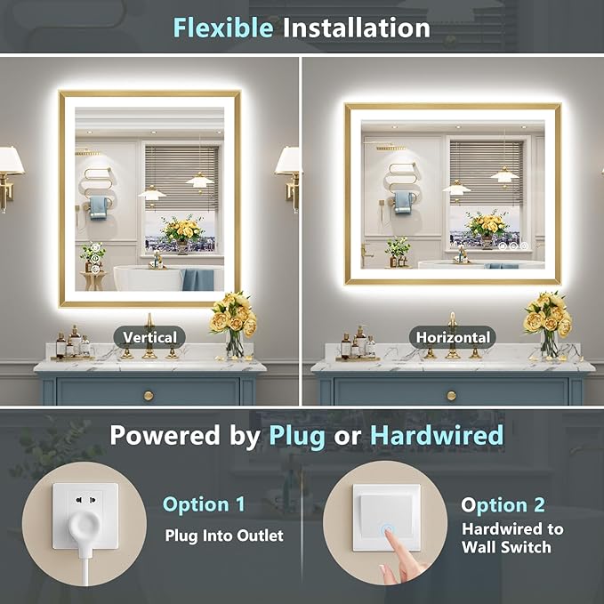 32x36 Gold Beveled LED Bathroom Mirror with Lights, Brushed Gold Framed Backlit and Front Lit Anti-Fog Lighted Vanity Mirrors for Bathroom Wall, Dimmable, 3 Colors, Memory, HD Tempered Glass