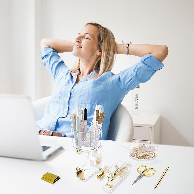 Office Desk Accessories Supplies - 11 Pcs Gold Desk Decor Set with 360-Degree Rotating Pen Holder, Women Cute Aesthetic Office Essentials Kit, Stapler Tape Dispenser, Acrylic Gift for School Home Work