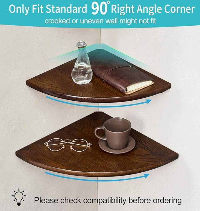 Corner Shelf, Solid Oak Wood Floating Corner Shelf Wall Mount Round End Floating Speaker Shelves with Wire Hole for Small Plant Photo Frame for Bedroom Kitchen, Living Room (Walnut, 7in)