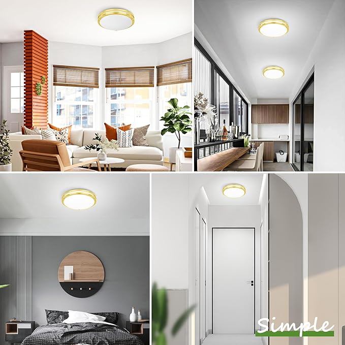 GoBright 2-Pack Gold Flush Mount LED Ceiling Light Fixture, 12IN 2700K/3000K/3500K/4000K/5000K Adjustable Ceiling Lights, 3600lm Super Bright Dimmable Lighting for Bedroom Hallway Kitchen