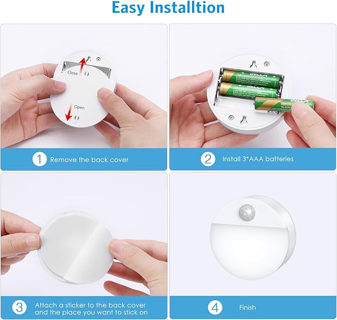 AMIR Upgraded Mini Motion Sensor Light Battery Powered, Cordless Stick On LED Night Light, Wall Light, Closet Lights, Safe Lights for Stairs, Hallway, Bathroom, Kitchen, Cabinet (Pack of 4 Warm White)