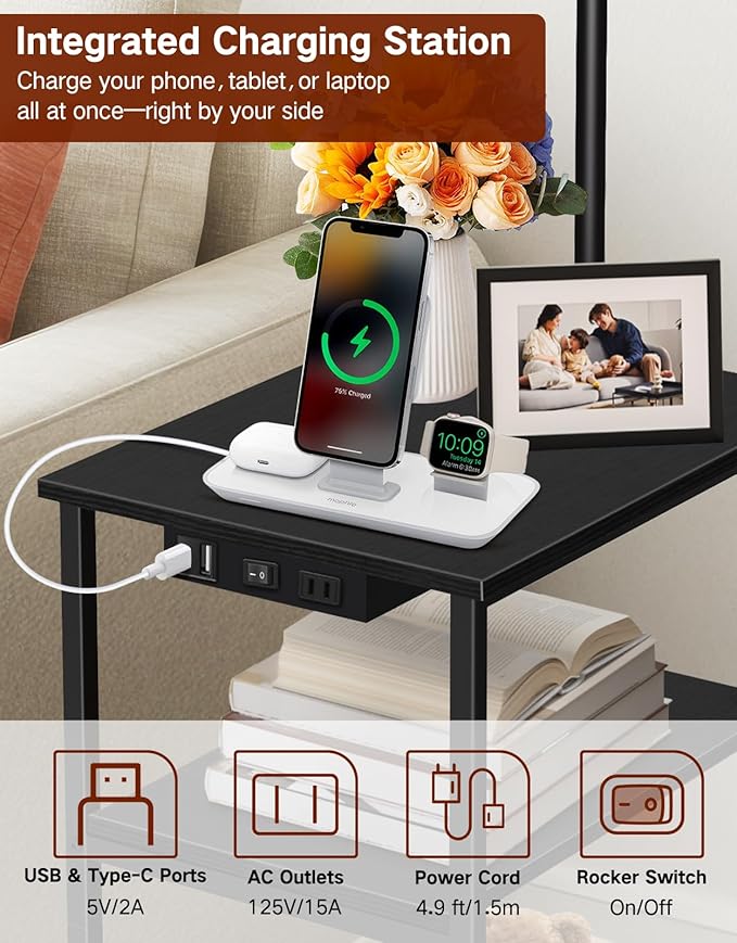 Floor Lamp with Table & Remote, Side End Table with Charging Station, Dimmable Nightstand with 3 Color Temperatures, 1-Hour Timer, 12W LED Bulb, for Living Room, Bedroom(Black)
