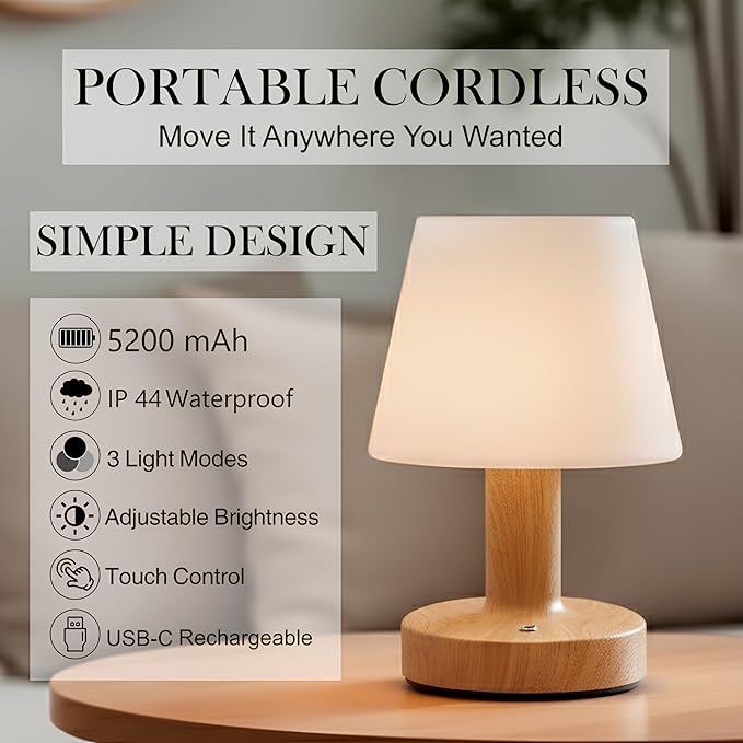 Cordless Table Lamp, Rechargeable Table Lamp, Waterproof Shower Lamp, 5200mAh Small Lamps, 3-Color Dimmable Touch Light, Portable Outdoor and indoor table lamp, Bedside night light (Natural Wood)
