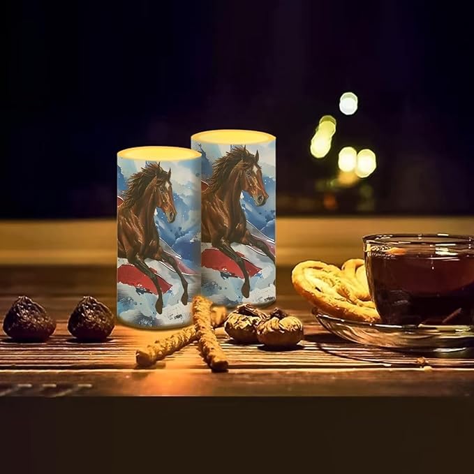 American Flag Flameless Candles 2 Pack 6 x 3 inch Horse Print Battery Operated Candles with Multicolor Timer Remote Control LED Fake Candles for Warm Light Dinner Table Home Patriotic Decor