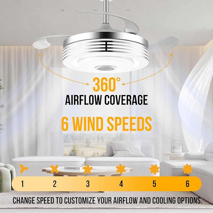48 Inch Fandelier Ceiling Fan with Light and APP/Remote,Bluetooth RGB Ceiling Fan with Music Speaker,3 Retractable Blades 6 Speed Chandelier Fan for Bedroom Living Room Dining Room