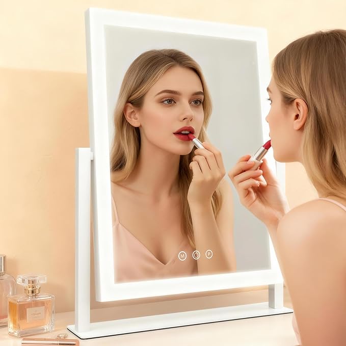 ROLOVE 16"x13" Vanity Mirror with Lights, Three Colors Lighting Mode, 360°Rotation, Lighted Makeup Mirror wih Stand for Desk, Bedroom, Dorm, Gifts for Women
