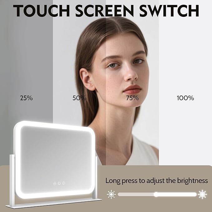 HNV 17"x13" Hollywood Vanity Mirror with Lights, Rounded Makeup Mirror with 10X Magnification, 3 Color Dimmable LED, Smart Touch Control & 360° Rotation, Shatter-Resistant Tabletop Desk Mirror (White)