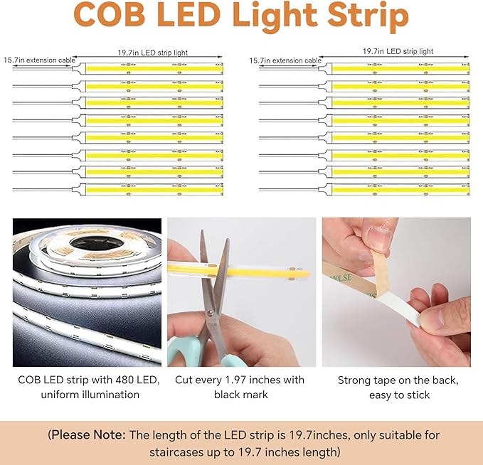 Indoor LED Stair Light Motion Sensor Complete Set Stair Running Light with COB LED Strip Light Cascading Stairwell Staircase Lighting Under Tread Lights with Remote for New Construction