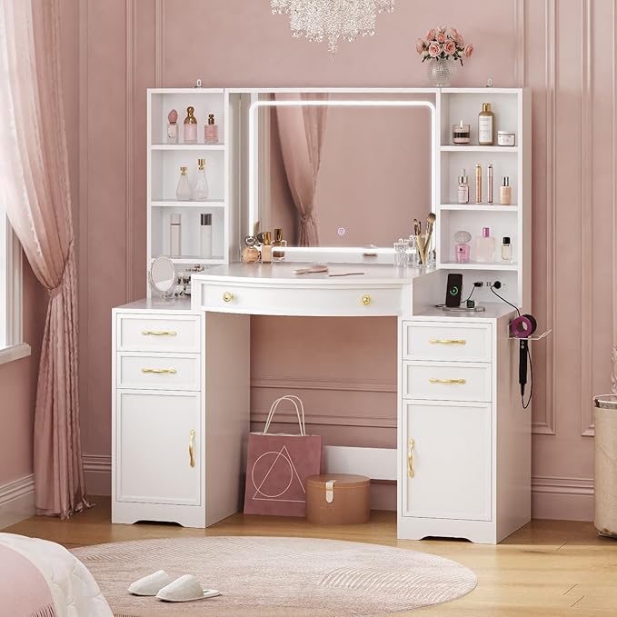 77.2" Large Vanity Table with LED Mirror, Vanity Desk with Built-in Charging Station,5 Drawers,2 Cabinets,6 Open Shelves (2 Adjustable) & Hair Dryer Holder, Makeup Desk for Bedroom