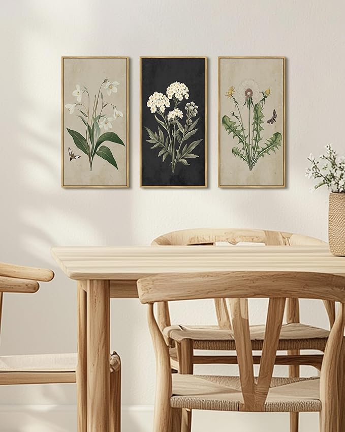 KUVIOKE Vintage Botanical Wall Decor Wild Flowers Artwork Framed Wall Art Ready to Hang Hallway Home Office 8x16in3pcs Natural Framed
