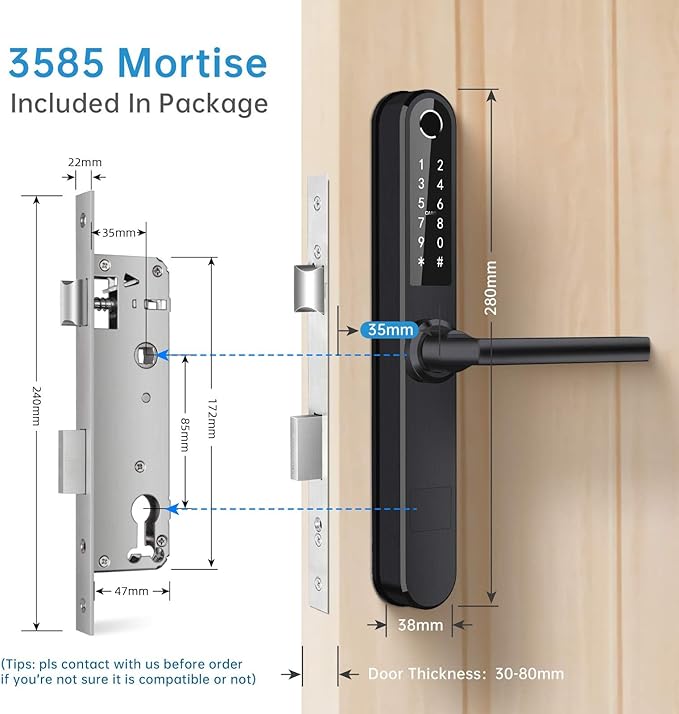 Luston Slim Smart Lock Front Door Stainless Steel Waterproof Mortise Lock,Keyless Entry Door Lock,WiFi Bluetooth Fingerprint Digital Keypad Aluminum Swing Door Lock with Handle(Black)