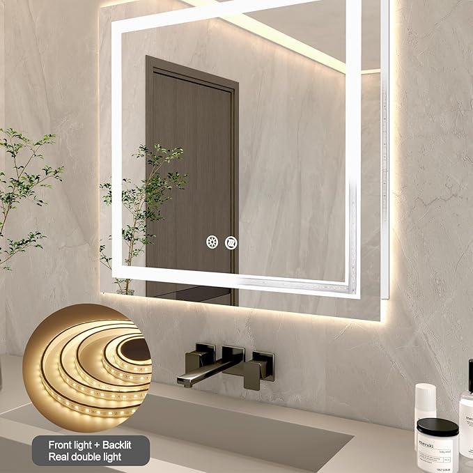 36 X 36 Inch Square LED Bathroom Vanity Mirror, 3 Colors Light Dimmable, Wall Mounted Memory Lighted Makeup Mirror with Anti-Fog Touch Switch (Front-lit&Backlit)