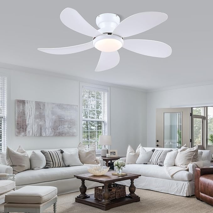 PHORUS 42" White Low Profile Ceiling Fans with Lights and Remote, Small Modern Flush Mount Ceiling Fans with Quiet Reversible DC Motor, Dimmable 3 Colors 6 Speeds