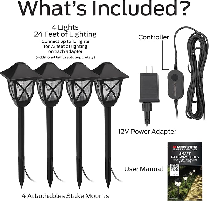 Monster Smart RGB+IC+WW Pathway Lights with 4 Dimmable LED Lights - Sound Reactive Garden Light, Weatherproof IP44 Outdoor Lighting - Compatible with Alexa, Google Assistant, Siri, Monster App