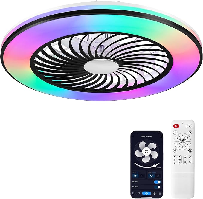 2-in-1 Low Profile Ceiling Fan with Light, 24” Caged Safety Design for Kids - RGB Color, Smart APP/Remote Control, Quiet Flush Mount DC Motor, Ideal for Bedroom/Living Room/Kitchen, Black