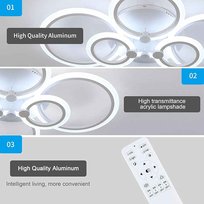 DELIPOP Modern Ceiling Light, 31.8'' Dimmable LED Ceiling Lights with Remote, White 6 Rings Flush Mount Ceiling Light for Kitchen, Bedroom, Living Room, Dining Room