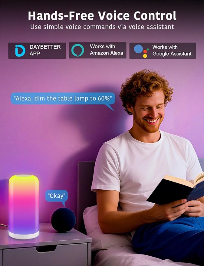 DAYBETTER BGRIC Smart Bedside Lamps, Touch Lamps for Nightstand, Compatible with Alexa and Google Home, LED Lamp with 70+ Scene Mode, Color Changing Lamp for Bedroom Living Room(2.4GHz WiFi Only)